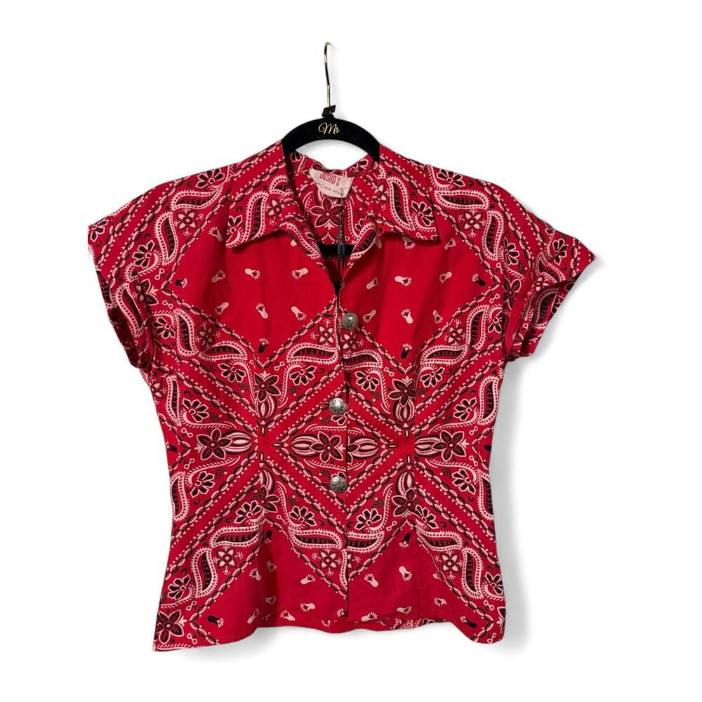 SOLD Vtg Bandana Print 2pc Justin's Blouse w/ Concho Buttons & Prairie Skirt